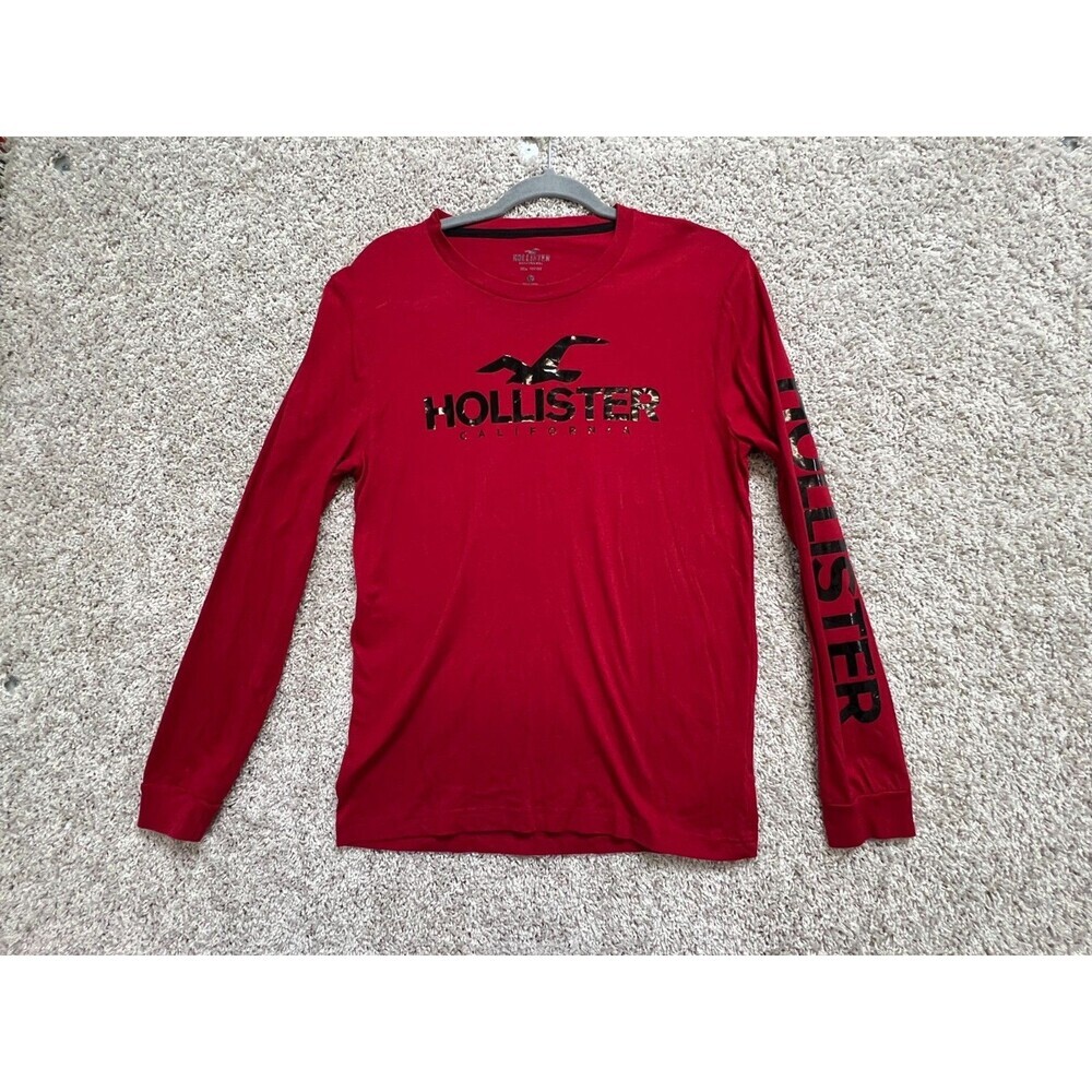 HOLLISTER MEN'S APPLIQUE LOGO GRAPHIC TEE HEATHER RED LONG SLEEVES MEDIUM SIZE.